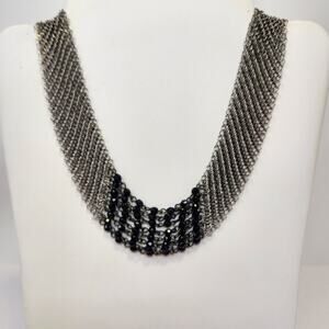 Chainmail Silver Tone Metal Black Crystal Collar Necklace Adjustable Goth Vamp